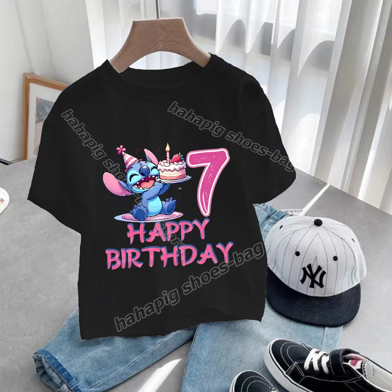 อะนิเมะ Stitch สาววันเกิดเสื้อยืดฤดูร้อนเด็กจํานวน TEE เสื้อแขนสั้นเด็ก TEE Tops การ์ตูนพิมพ์เสื้อผ้าเด็กวัยหัดเดิน