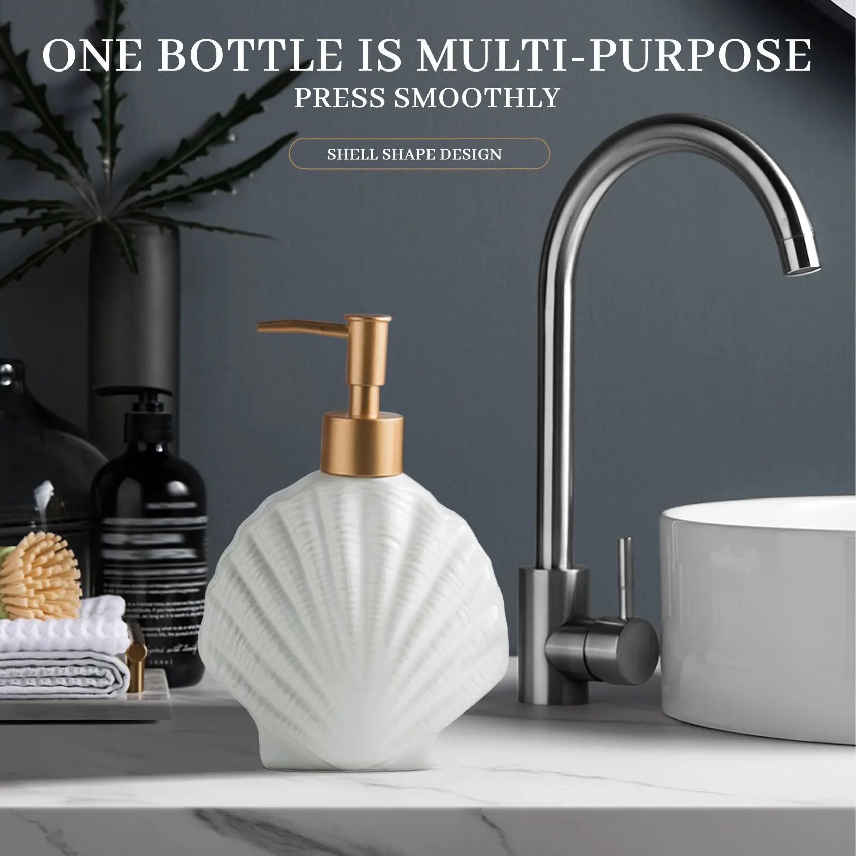 Ceramic Soap Dispenser,Liquid Soap Bottle,Lotion Hand- Bottles,Nordic Style Press Lotion Bottle,420ML,Shell