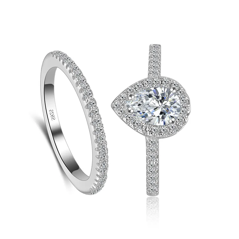 925 Sterling Silber neue Frauen Ring Set Schmuck Teardrop Zirkon cz Diamant Verlobung Ehering Set für Frauen