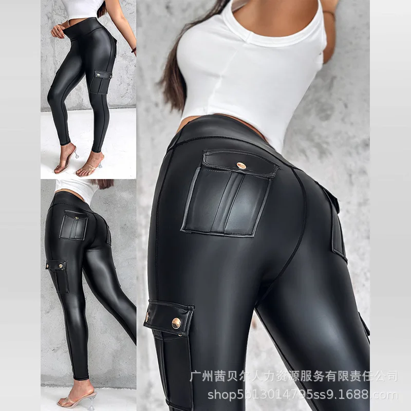 Frauen Leggings Hosen Pu Hose Sexy Solide Mantel Slim Fit Enge Hohe Taille Taschen Zipper Elegante Splice Herbst Bleistift Hosen