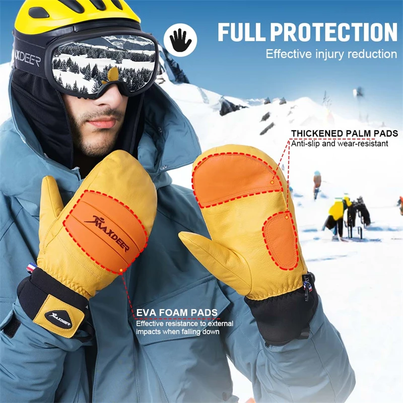 MAXDEER Skihandschuhe Leder Snowboard Fäustlinge Herren Damen Skifahren Schneemobil Schneesport Winter Thermohandschuhe Wasserdicht Winddicht