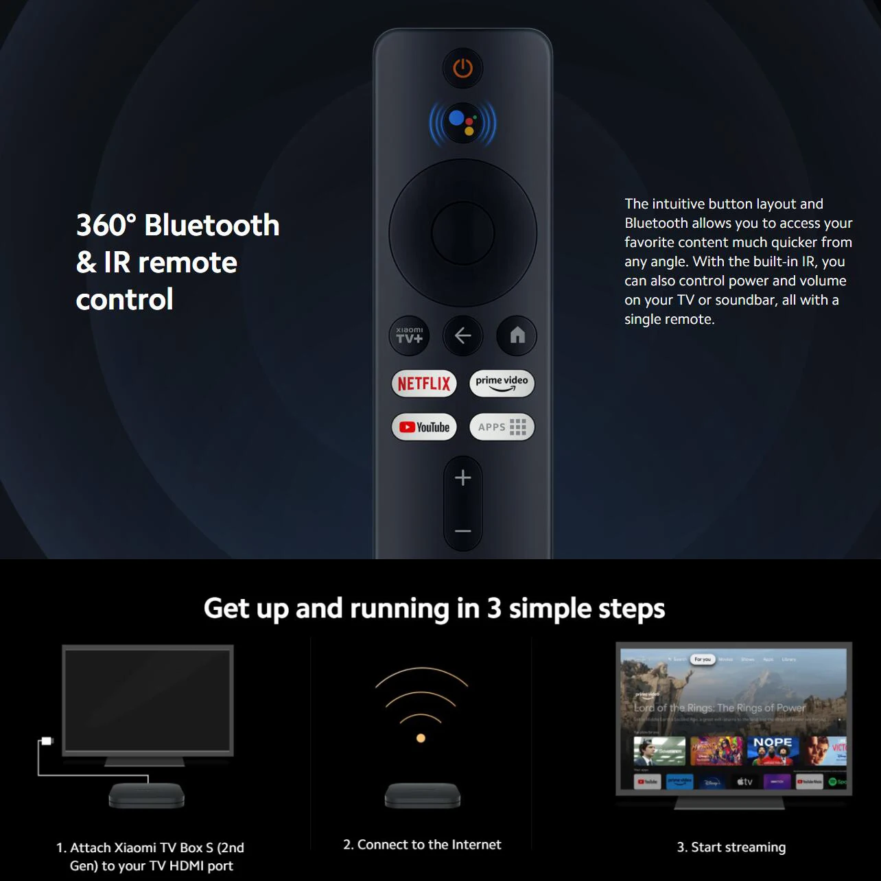 Xiaomi TV Box S 2nd Gen, Google TV smart tv Box, processore Quad-core 4K Ultra-HD Dolby Vision HDR10 + Google Assistant,BT 5.2
