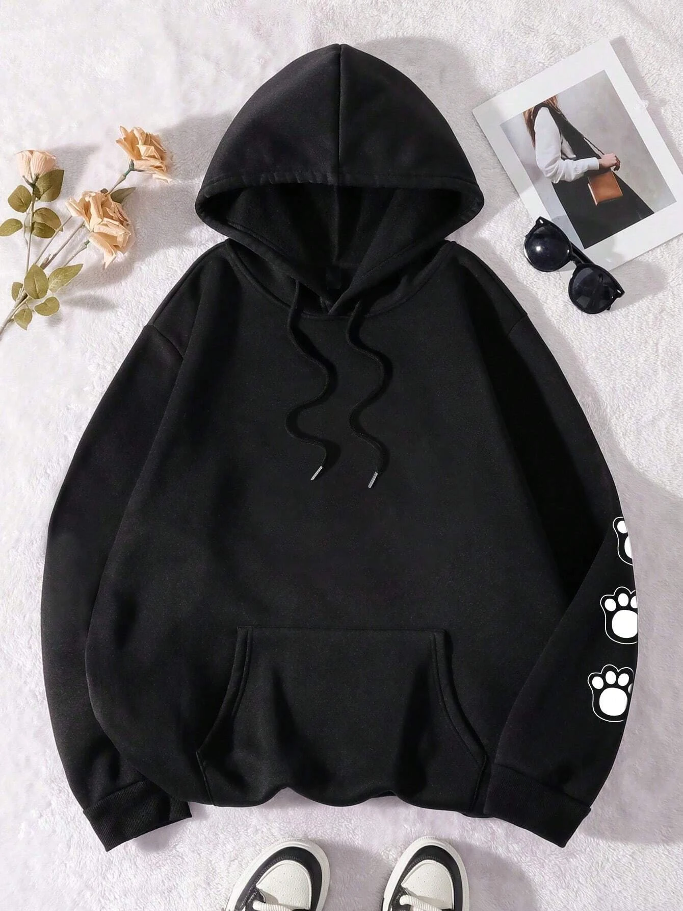 Talk To The Paw-Sudadera con capucha con estampado de dibujos animados de perro divertido para mujer, Sudadera con capucha de lana cálida, Tops informales holgados con cuello redondo para otoño