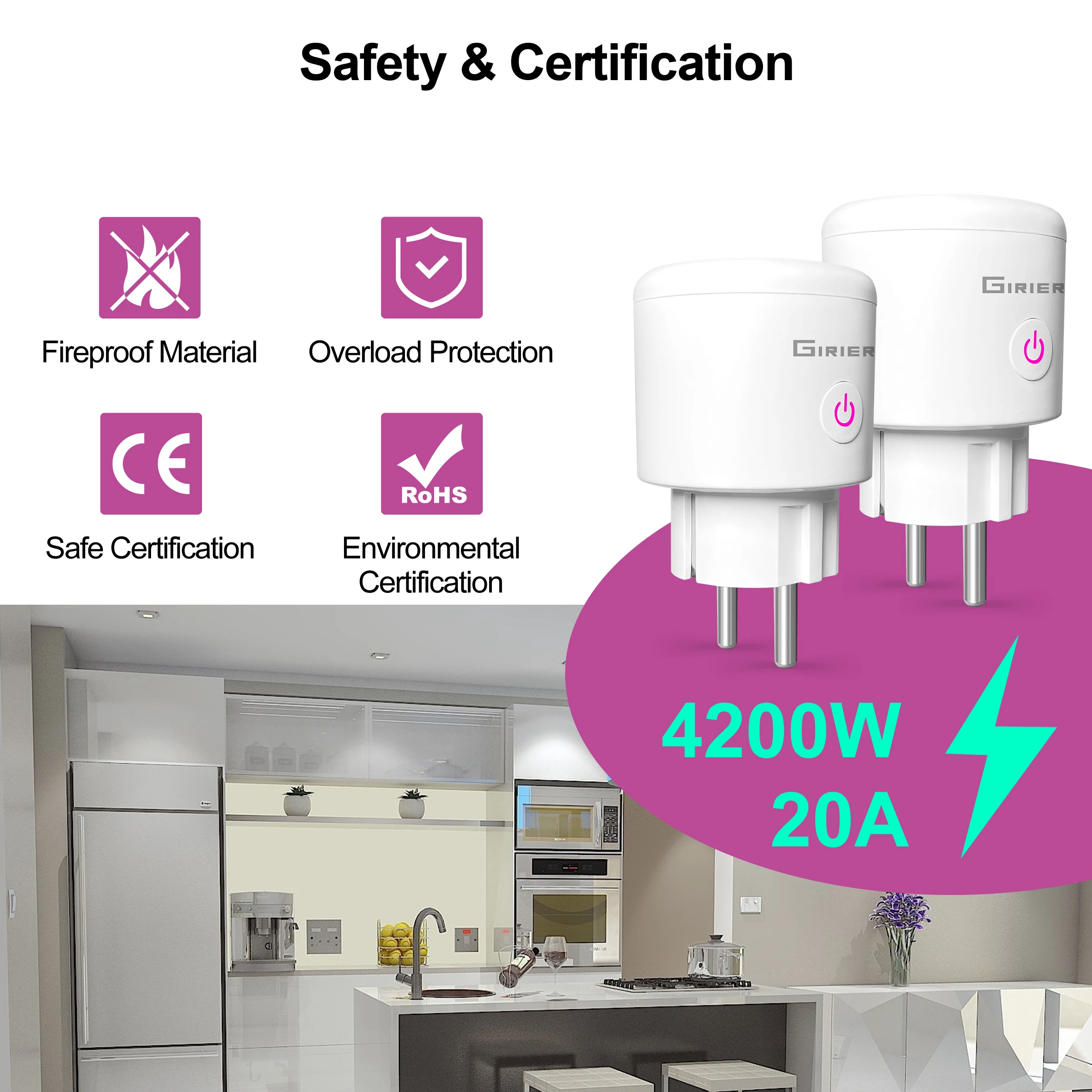 GIRIER Tuya Smart Wifi Plug UE com monitoramento de energia 20A Tomada inteligente 4200W compatível com Alexa Ei Google Yandex Alice