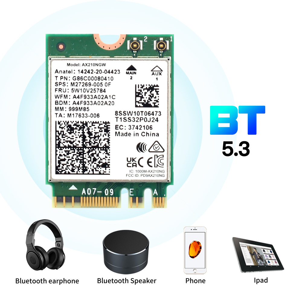 Wifi 6E M.2 AX210 5374Mbps Wifi ไร้สายบลูทูธ 5.3 802.11ac/ax Tri Band AX210NGW พร้อม 10dbi เสาอากาศสําหรับ Win 10/11