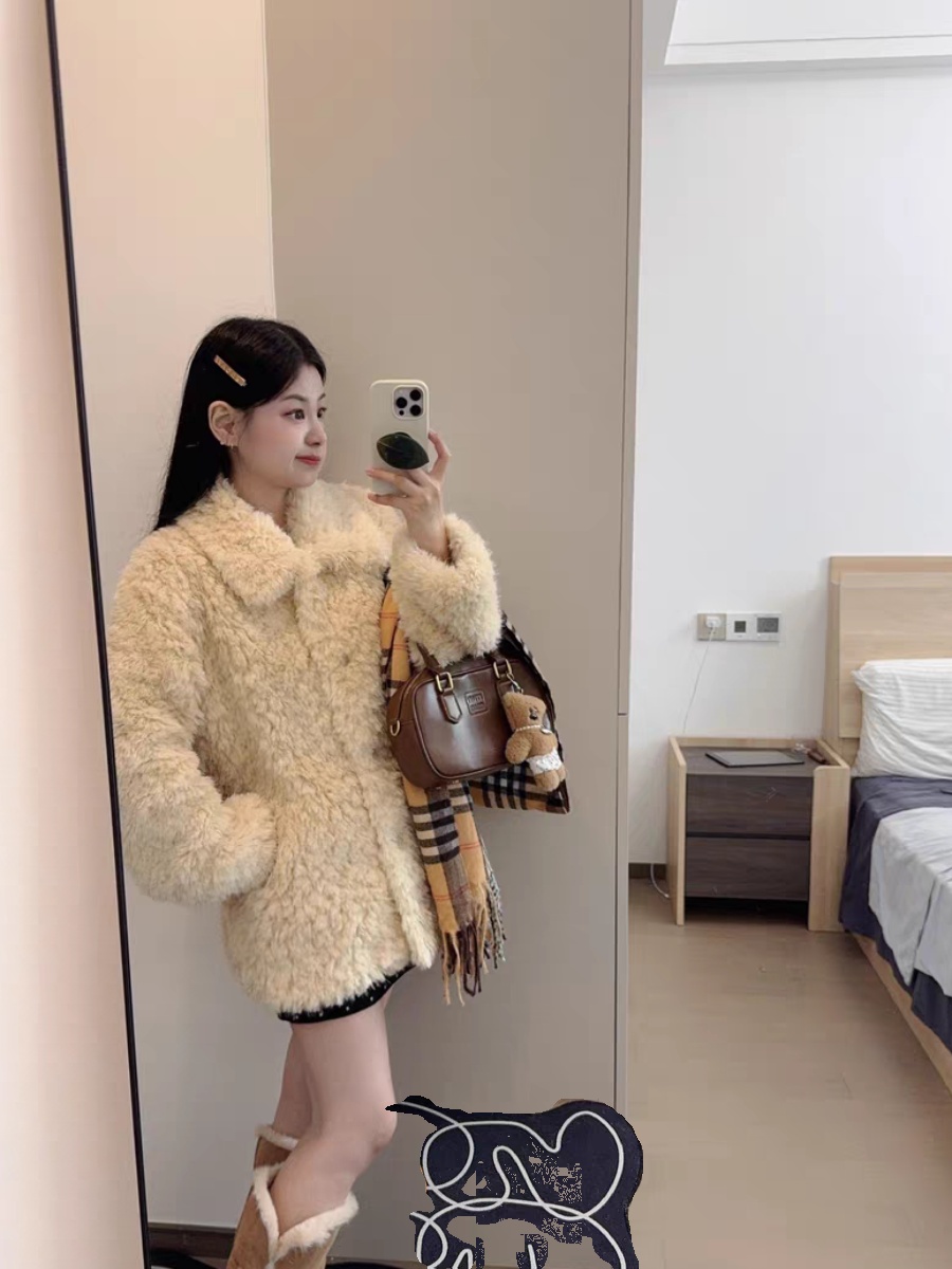 Trendy Winter Women's Long Thickened Sheepskin Coat Korean Sle Loose Fur Outerwear Mid-Length Integrated Leather Coat