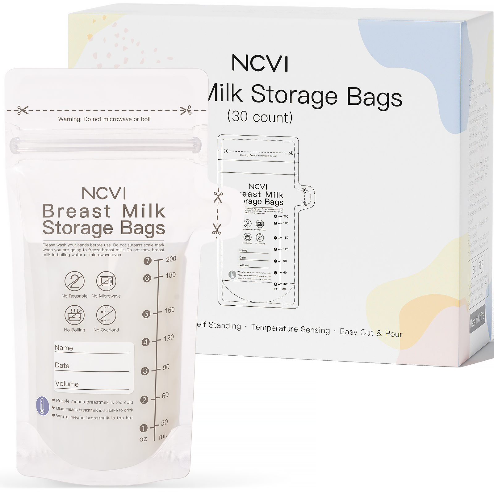 ถุงเก็บน้ํานมแม่ NCVI, ถุงแช่แข็งนมขนาด 200 มล. สําหรับให้นมบุตร, การตรวจจับอุณหภูมิ, ปิดผนึกสองเท่า, ถุงเก็บรักษา, ปลอดสาร BPA