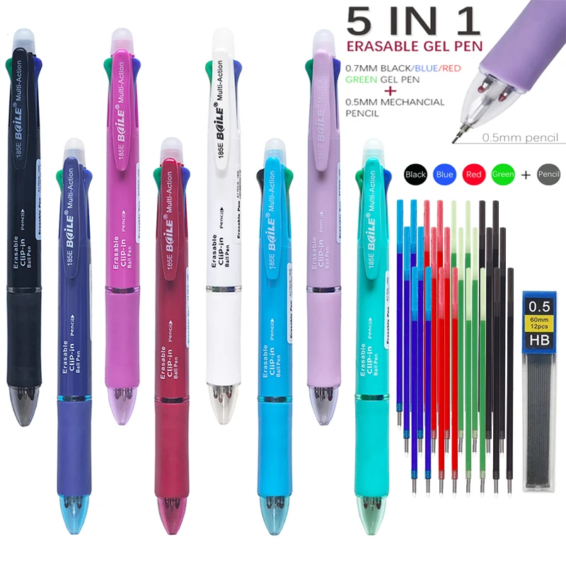 5-in-1 mehrfarbiger löschbarer Gelstift mit 4 Farben, austauschbare Stiftmine, 1 automatische Bleistiftmine, Schreibwaren, Schulbedarf