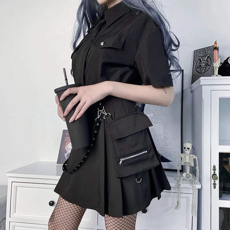 Harajuku Punk Gothic czarna wysoka talia kobiety z lat czarna spódnica seksowna patchworkowa bandażowa Mini damska czarna spódnica streetwearowa