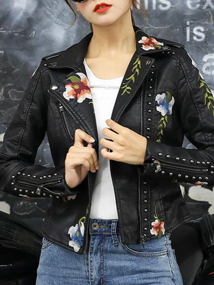 Ailegogo แจ็คเก็ตหนังสังเคราะห์ PU เสื้อถักลายดอกไม้วินเทจของผู้หญิงเสื้อโค้ทขี่จักรยานพังค์มีซิปของผู้หญิงฤดูใบไม้ร่วงฤดูใบไม้ผลิ