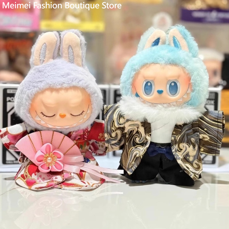 Novo adequado para labubu 17cm pano japonês quimono conjunto bonecas roupas chapéu colar de cabelo bonecas acessórios presente