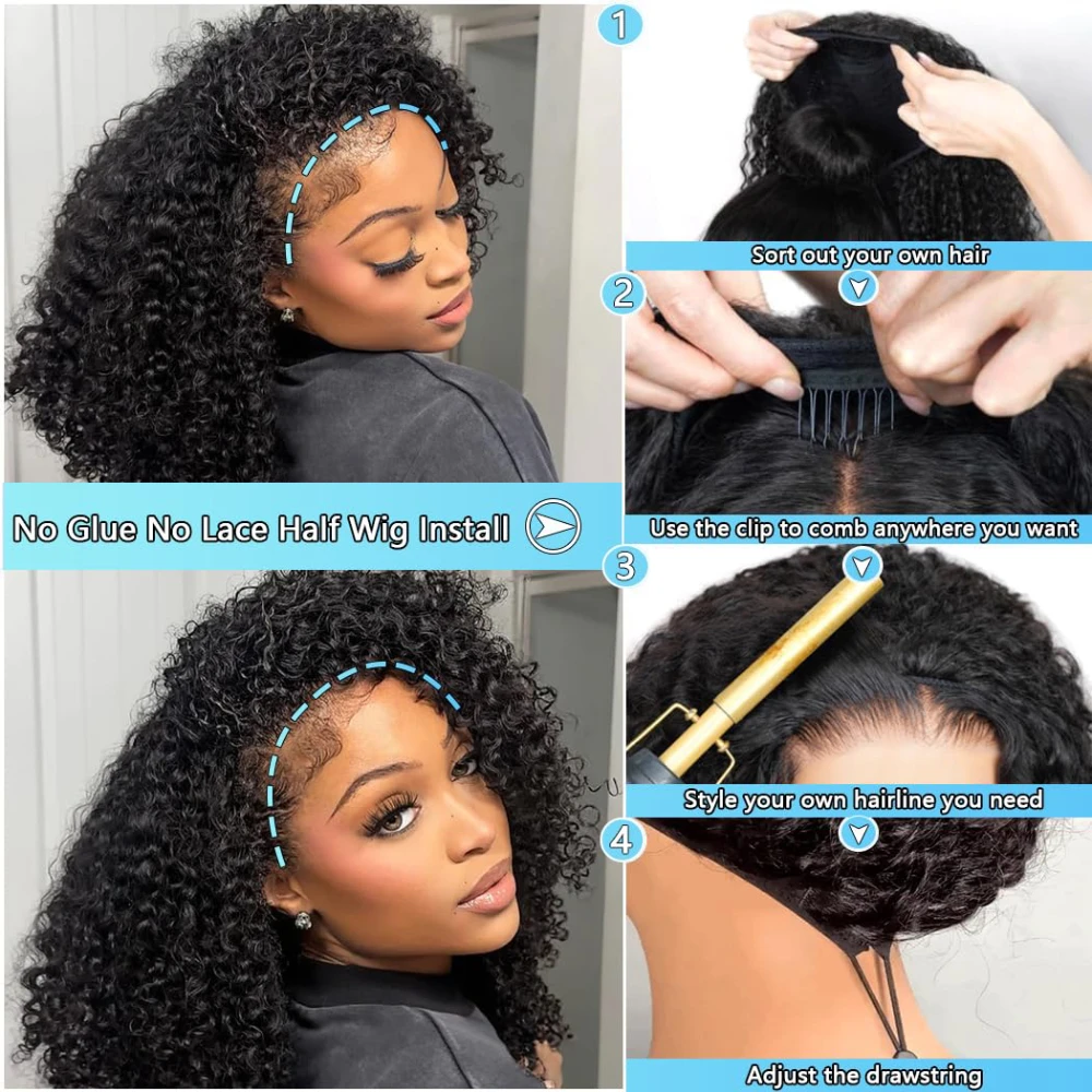 Halve pruik Kinky krullend 200% dichtheid Remy-haar Krullende pruiken 100% echt haar Geen leave-out Upgrade Lijmloze clip-in halve pruiken voor vrouwen