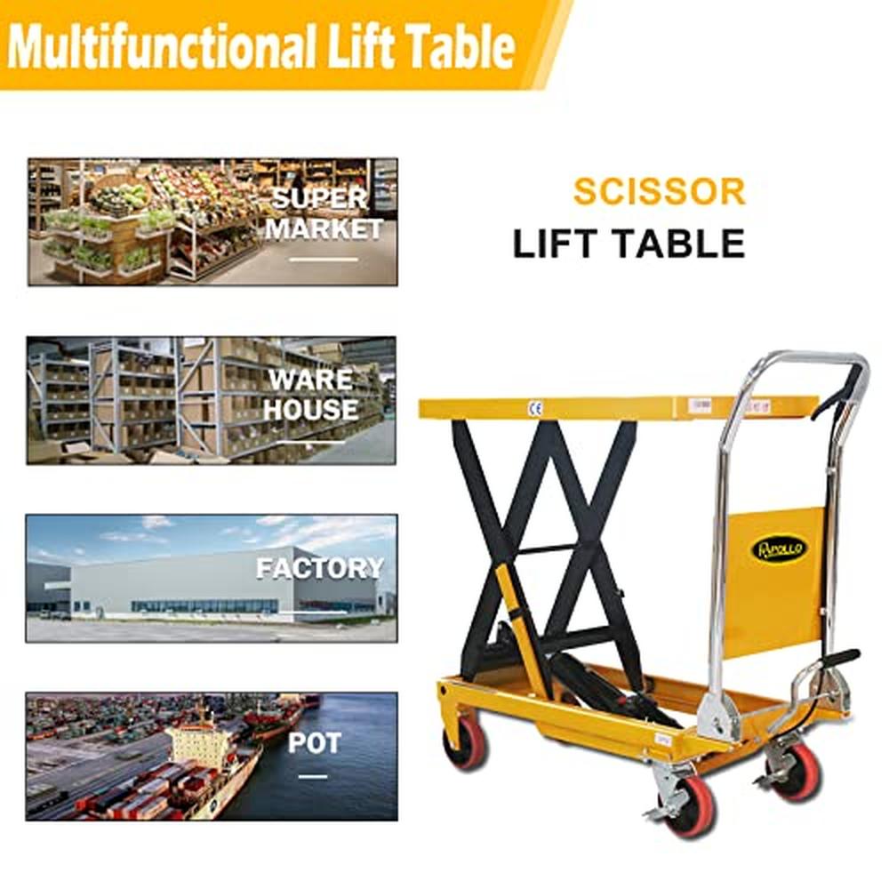 Hydraulic Steel Lift Table Cart 1100lb Capacity 35.4" Lift Height 4 Wheel Material Handling Factory Operations Smooth Operation
