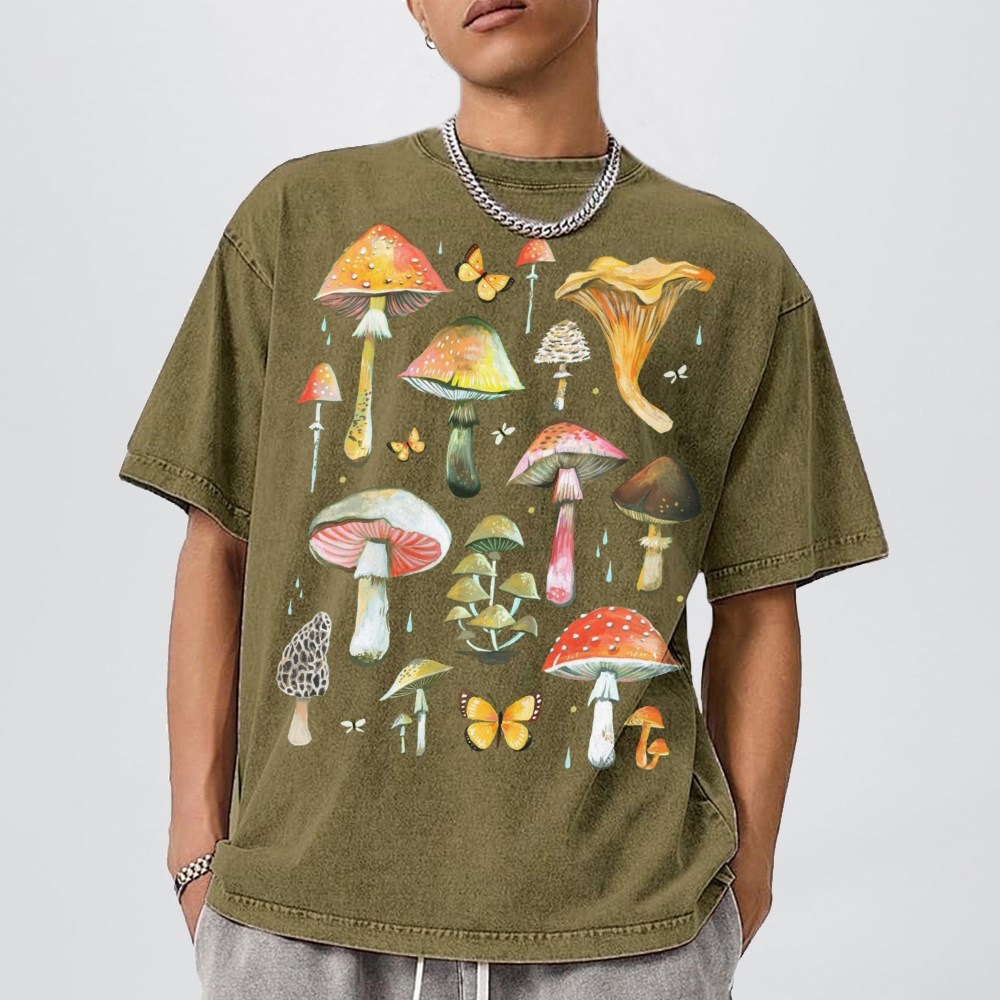 ラウンドネックTシャツ,レトロ,ウォッシュド,高品質,純綿,マッシュルームプリント,半袖,新しい夏のファッション