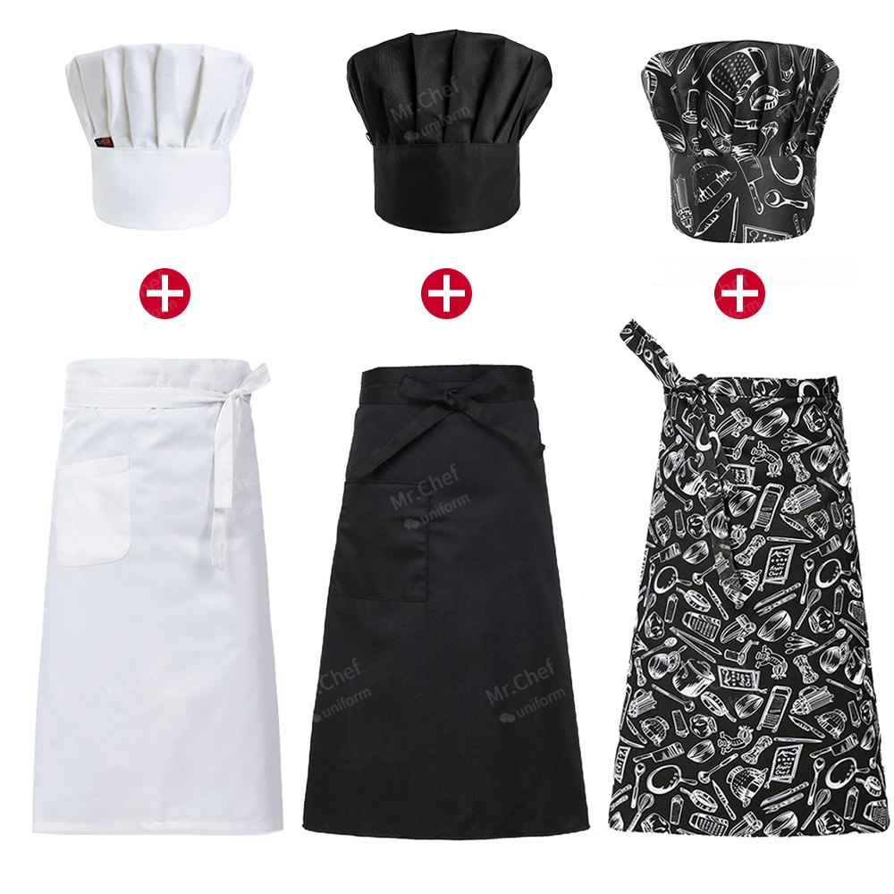 Cozinhar Chef Avental Set para Homens e Mulheres, Boné de restauração, Hotel Chef Pinafore, Restaurante Cozinha Cozinheiro Trabalho Avental, Padaria Cafe Mulher Garçom Hat