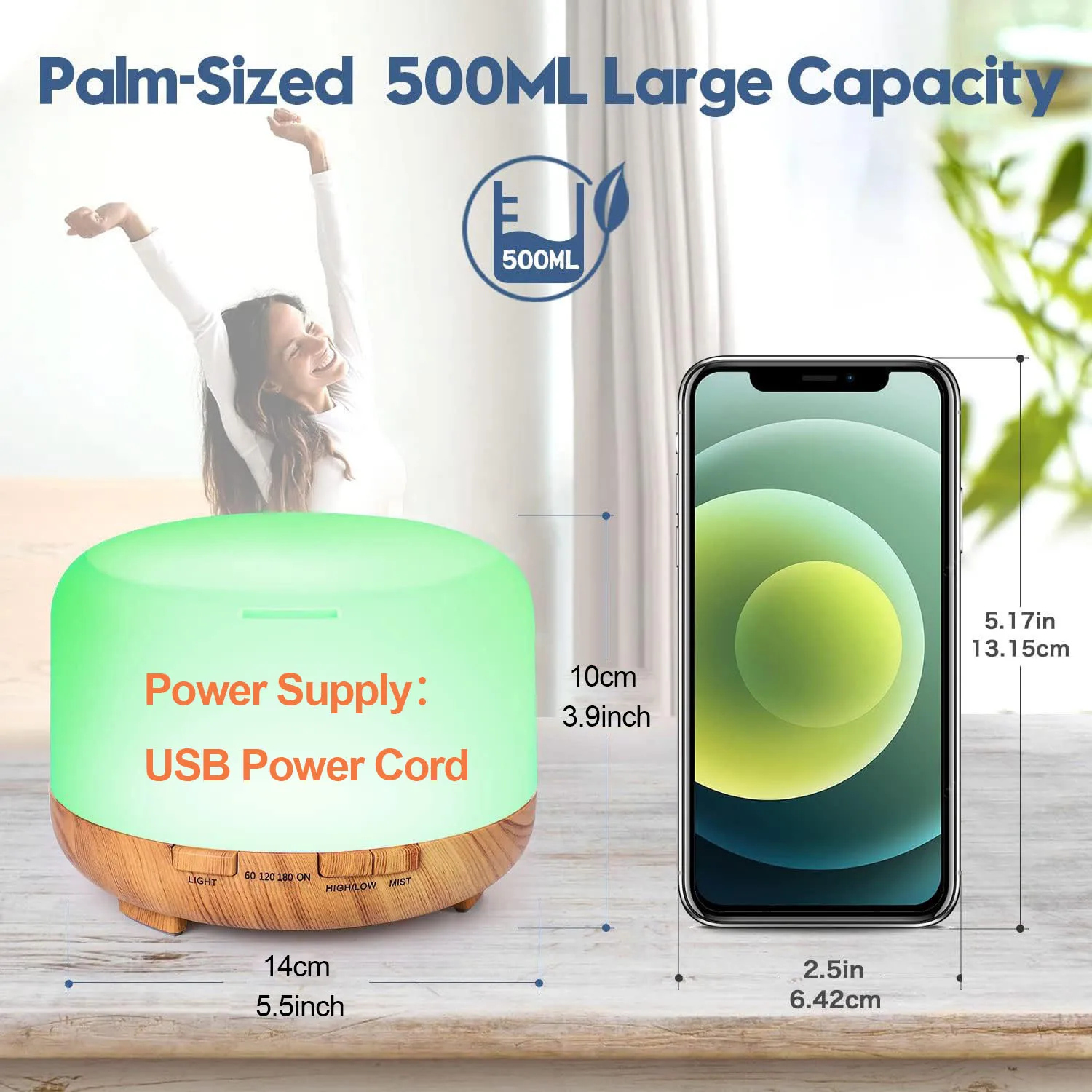 Difusor de aroma de 500ML (6 óleos opcionais), umidificador difusor de aromaterapia de óleo essencial 5V 2A com controle remoto