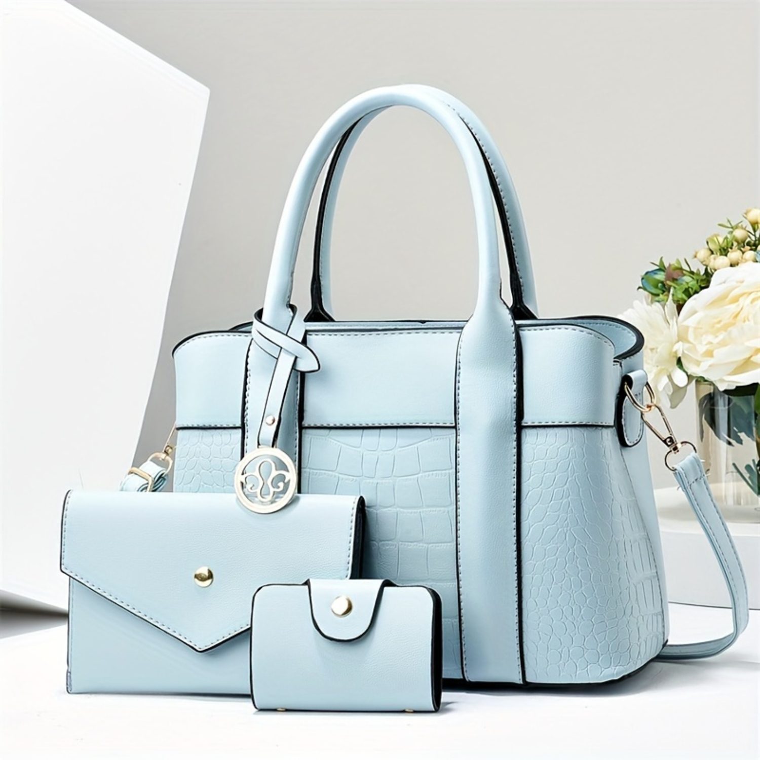 Conjunto de bolsa da moda: sacola com padrão de crocodilo, bolsa de ombro e embreagem, bolsa de couro PU texturizada