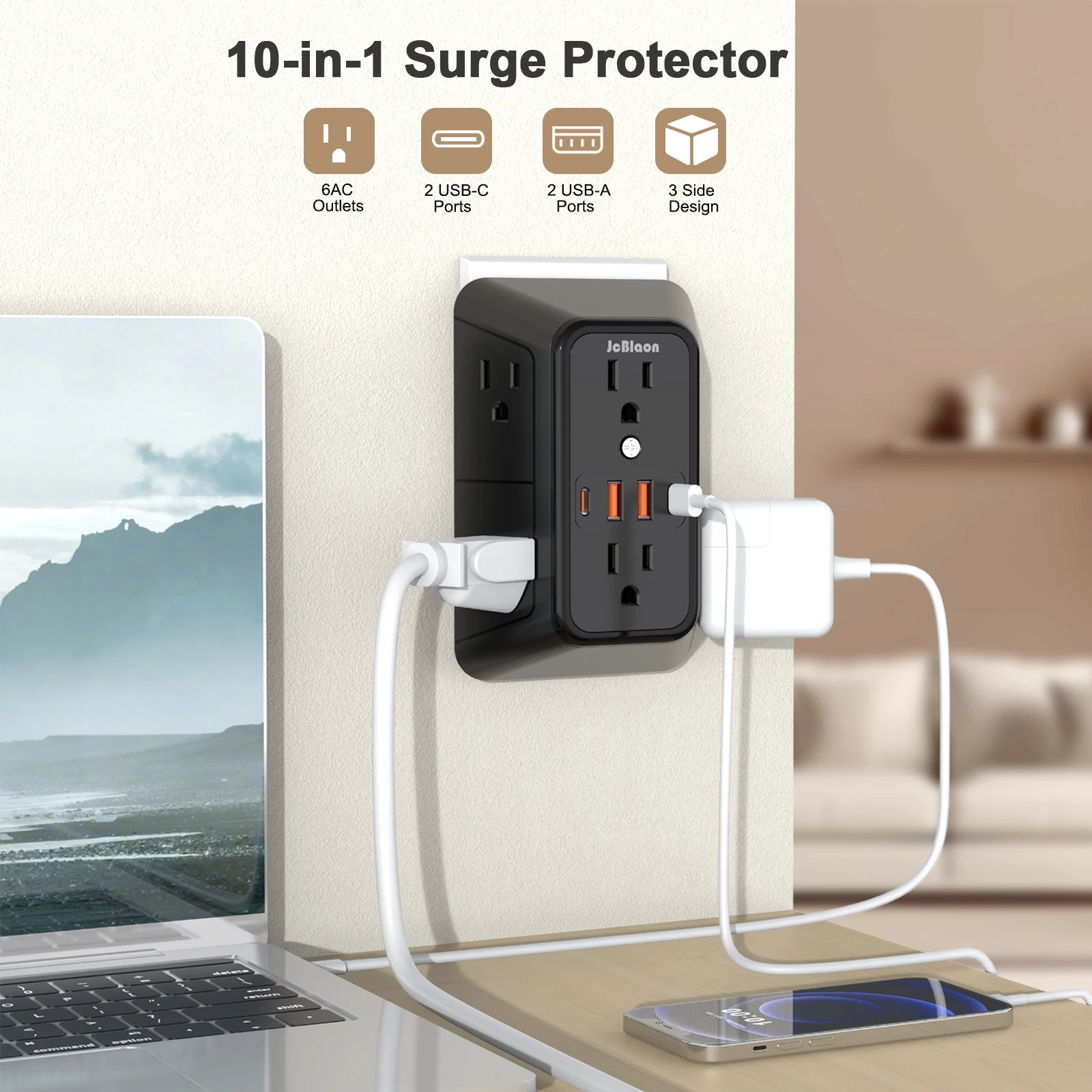 USプラグ電源タップマルチタップ6 ACコンセント2 USB 2タイプCポート充電電気ソケットネットワークフィルター急速充電ホームオフィス