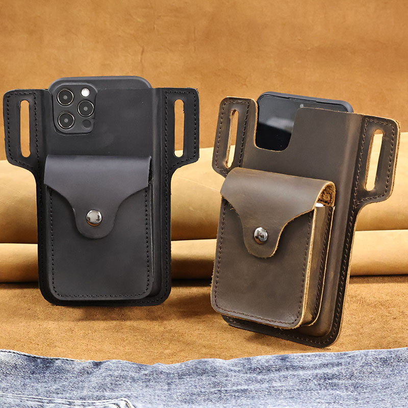 RIYAO-Bolsa de couro genuíno para celular, bolsa para celular masculina, carteira de moedas, bolso para cigarros para iPhone