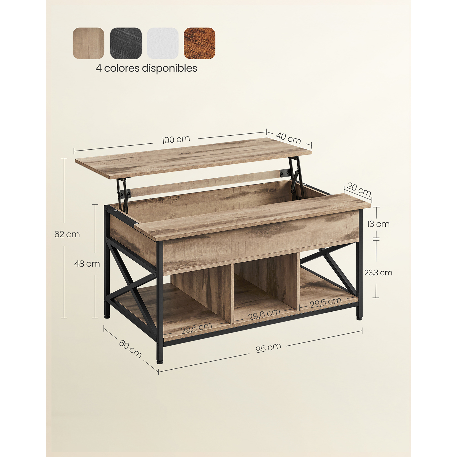 Mesa de centro VASAGLE Lift-Top: almacenamiento abierto/oculto, barras en forma de X. 60x100x(48-62) cm, Marrón rústico/negro. Ideal para sala de estar.