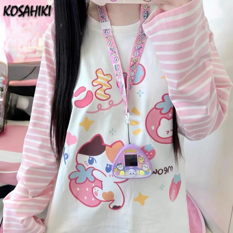 Camiseta informal a rayas rosas de retales japonés, camisetas Harajuku con estampado de dibujos animados de otoño, camisetas estéticas Grunge Kawaii Y2k bonitas
