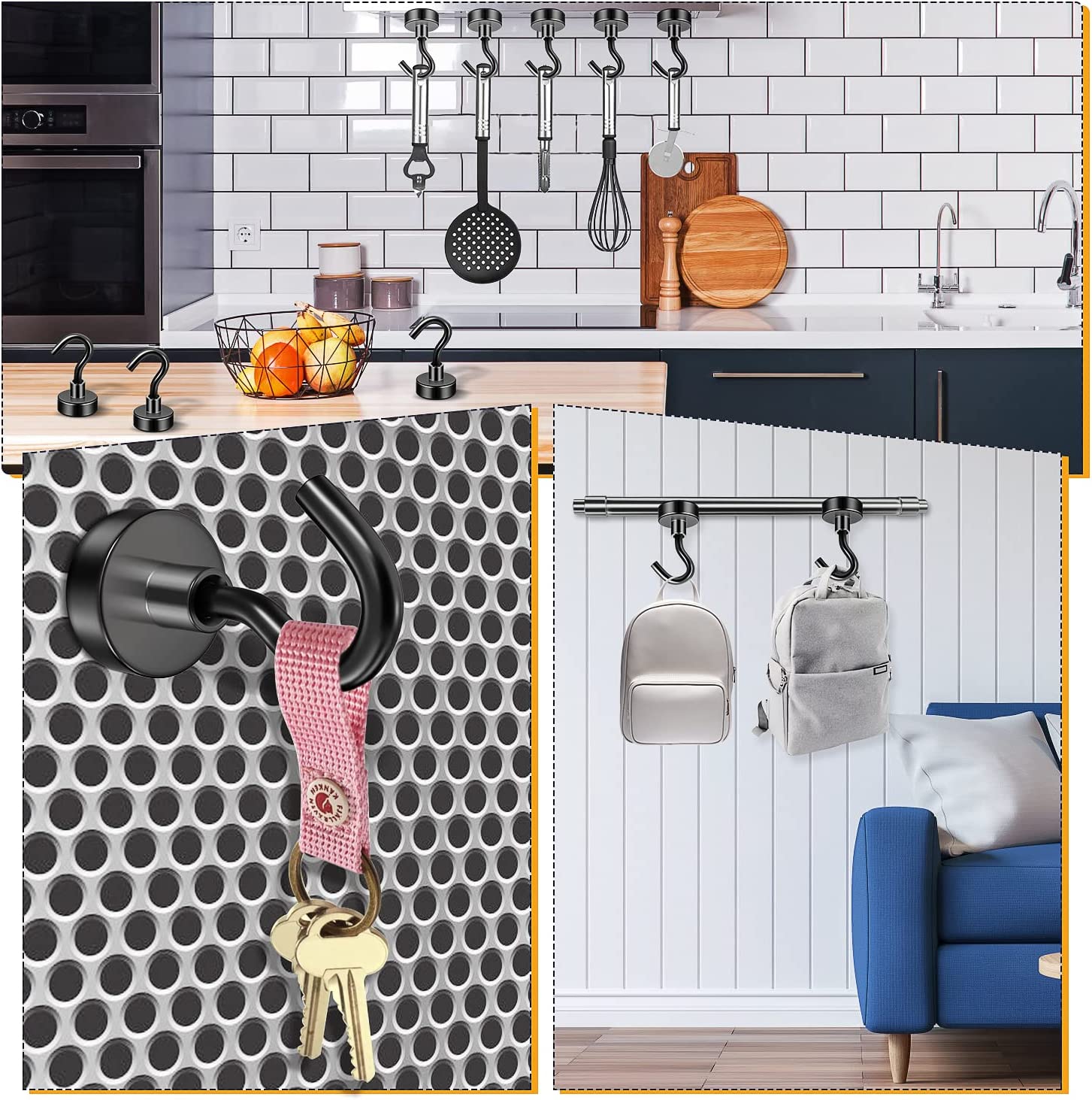 10 pack, black magnet hooks, 25 pound strong magnet hooks, heavy duty epoxy coating, magnetic cruise hooks for refrigerators