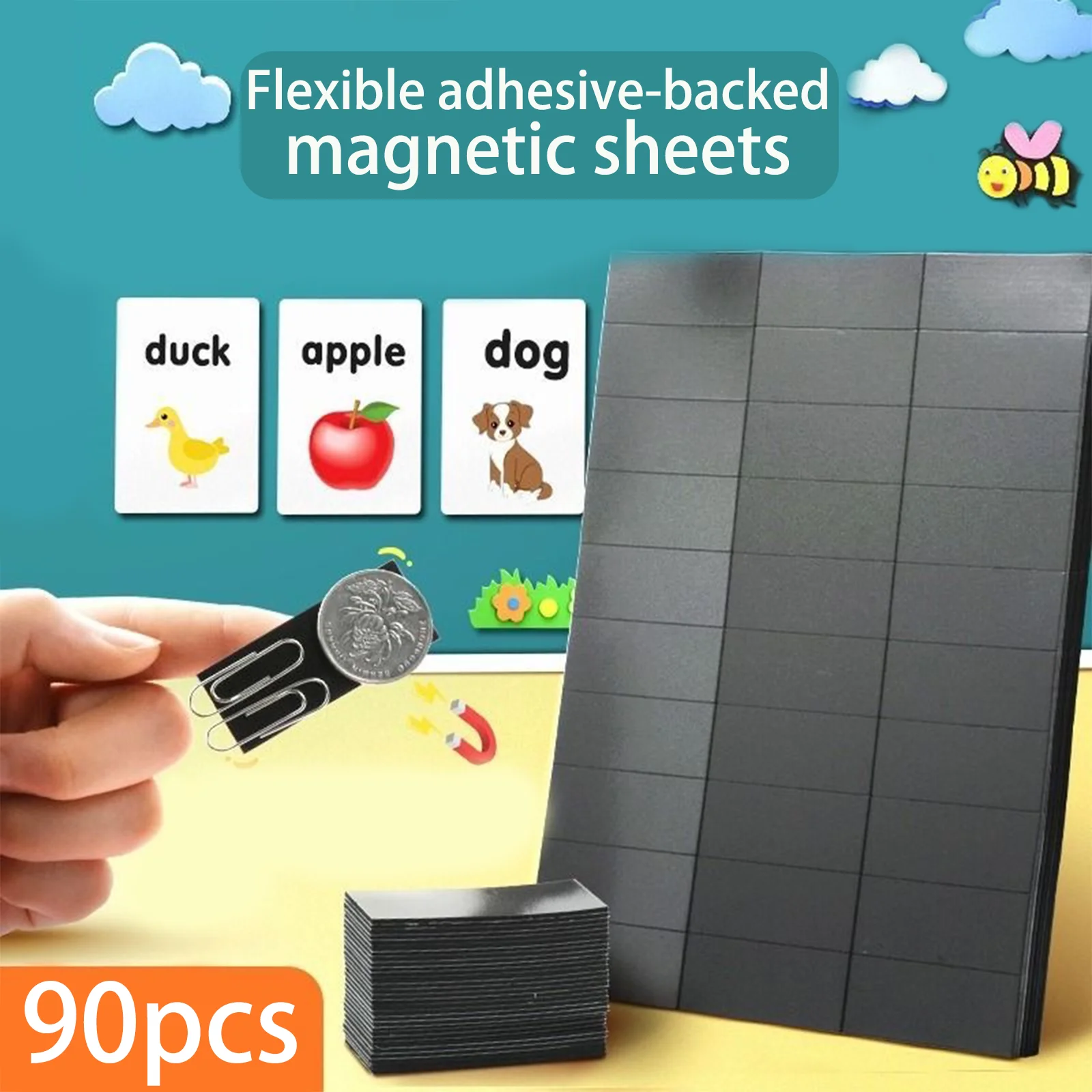 90 Pcs/Set Flexible Self-Adhesive Mini Magnetic Sheets 2x5cm Refrigerator Magnets for Whiteboards Iceboxes Fridge Organization