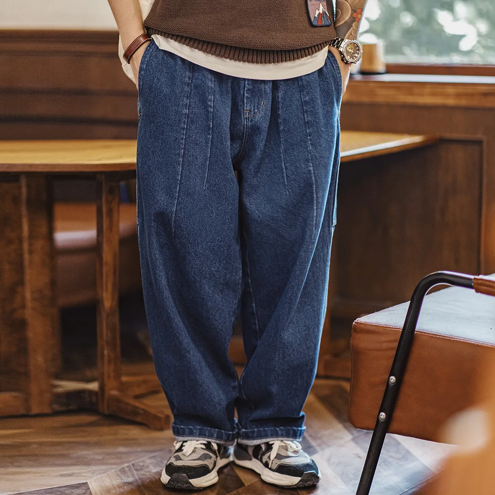 Maden Retro-Jeans mit schwerer, gewaschener Holzfäller, locker, mit Taschen, elastischer Taille, Kordelzug-Design, einfarbig, Freizeithose