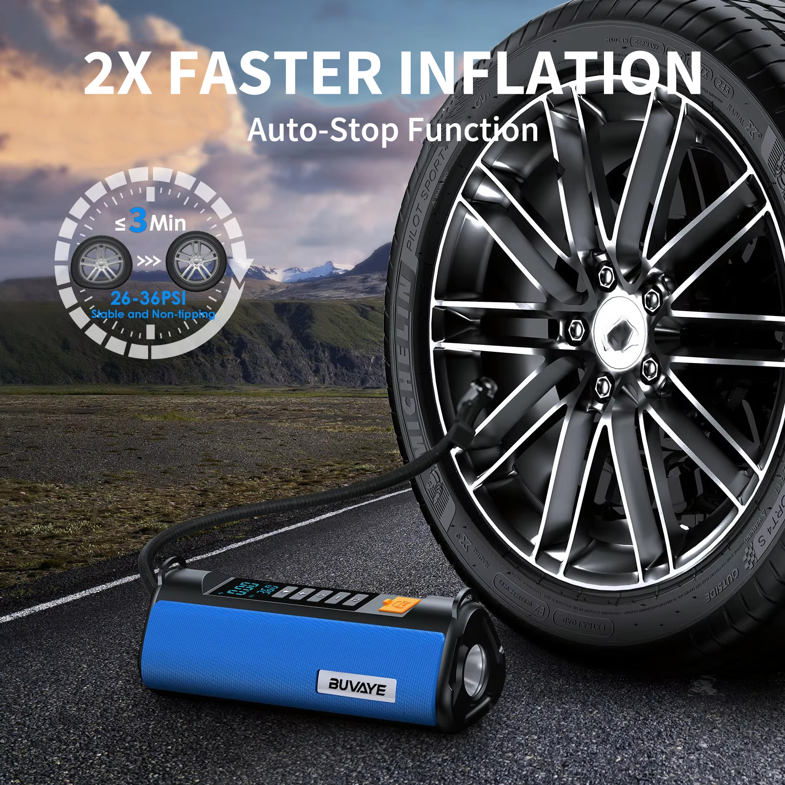BUVAYE Car Jump Starter Air Pump Outdoor Portable Power Lamp Portable Air Compressor Multifunctional Tire Inflator with EVA Bag
