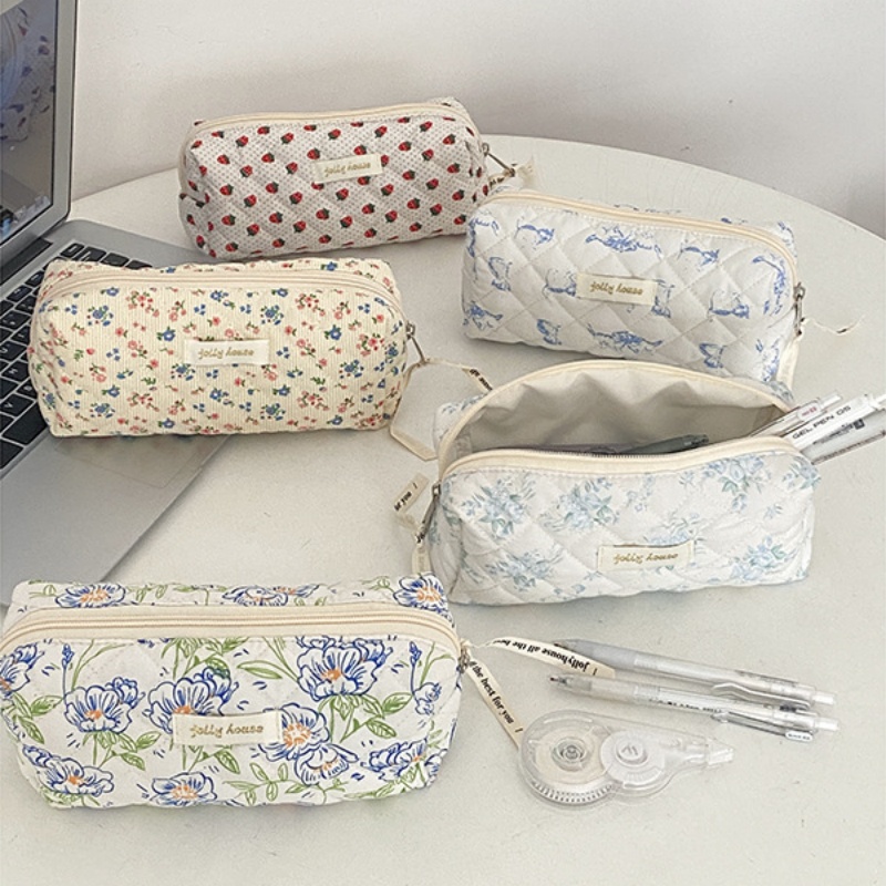 1 Piece Cute Pencil Case Simplicity Korean Chic Floral Pencil Pouch for Girl Soft Cotton High Capacity Stationery Storage Bag