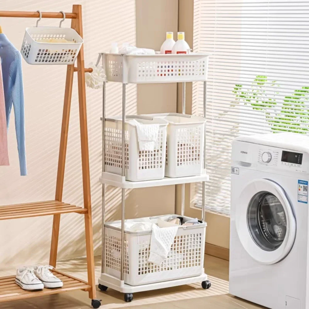 Carrello portaoggetti Carrello portaoggetti per vestiti sporchi Carrello portaoggetti per lavanderia Strato Scaffale per lavaggio bagno Carrello portaoggetti da bagno multifunzionale