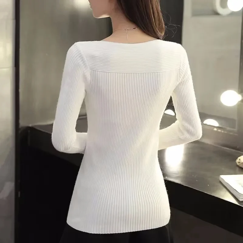 2024 Zimowy sweter damski z długim rękawem Jesień Eleganckie dzianinowe topy z dekoltem w szpic Odzież damska do biura