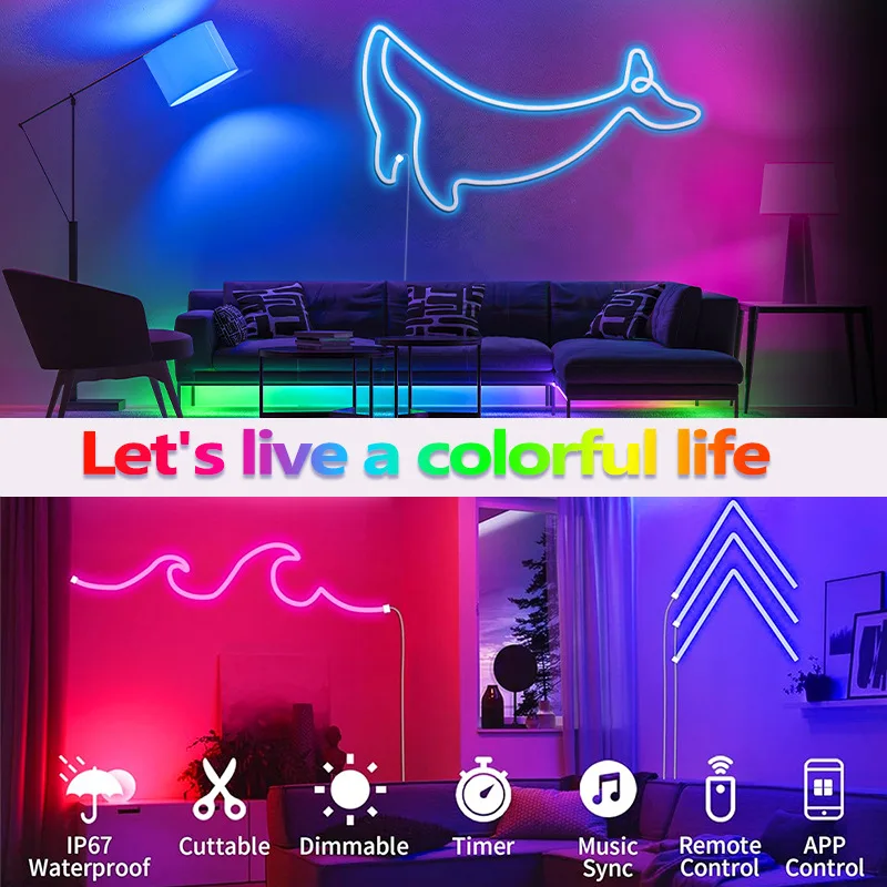 5V USB TUYA WIFI Neon LED Strip Lights RGB Silicone Neon Lamp Rope with WIFI App and Remote for DIY Neon Deocoration Lighting