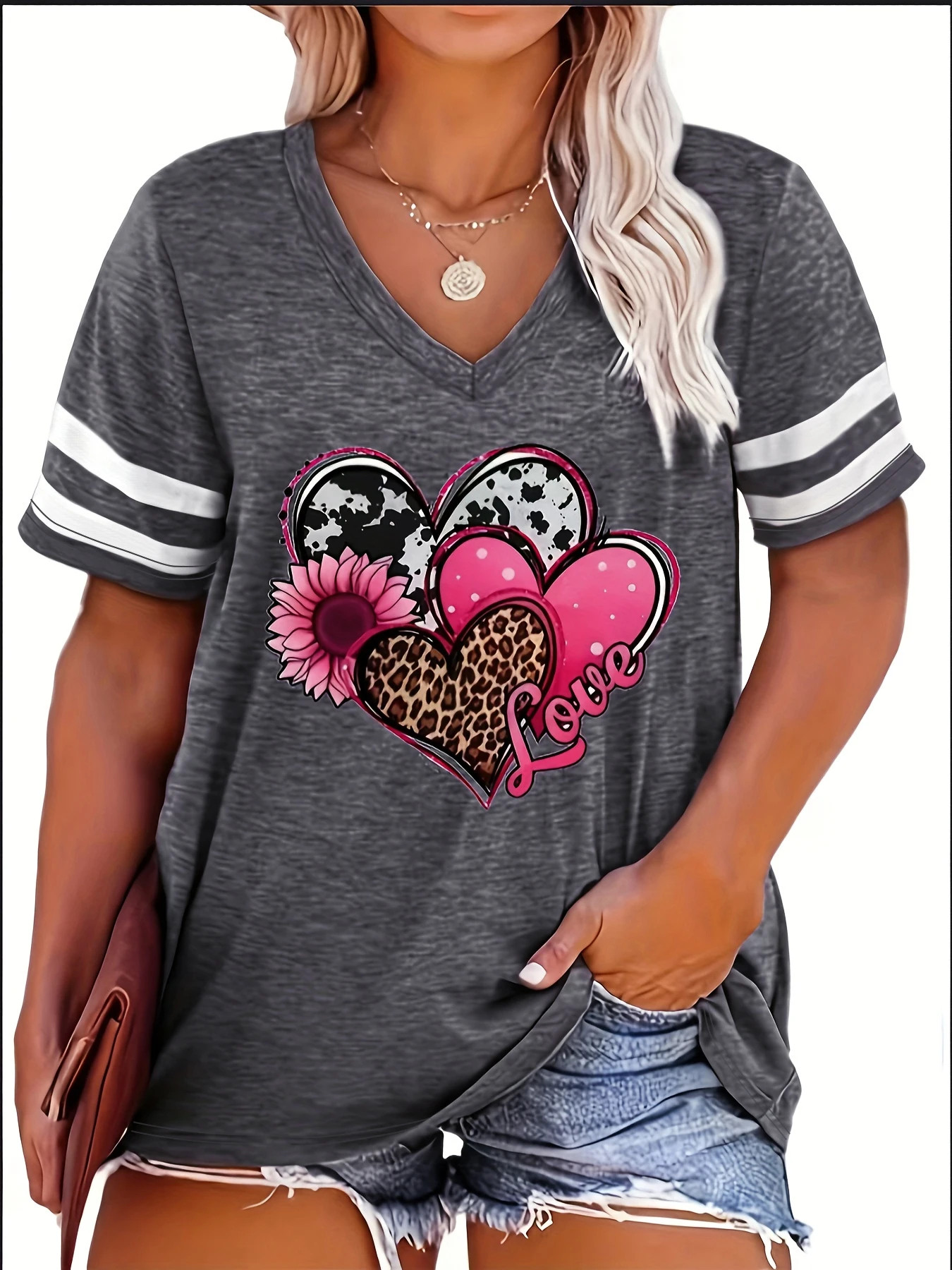 2024 Plus Größe Frühjahr/Sommer Neue Liebe Drucken Lässige Mode frauen V-ausschnitt Kurzarm Lose T-Shirt 5XL 6XL