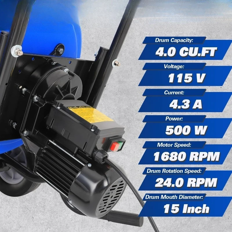Cement Mixer 4 Cu.Ft. Portable Electric Poly Drum Concrete Mixer, Heavy Duty Power Cement Mixing Machine for Mortar,