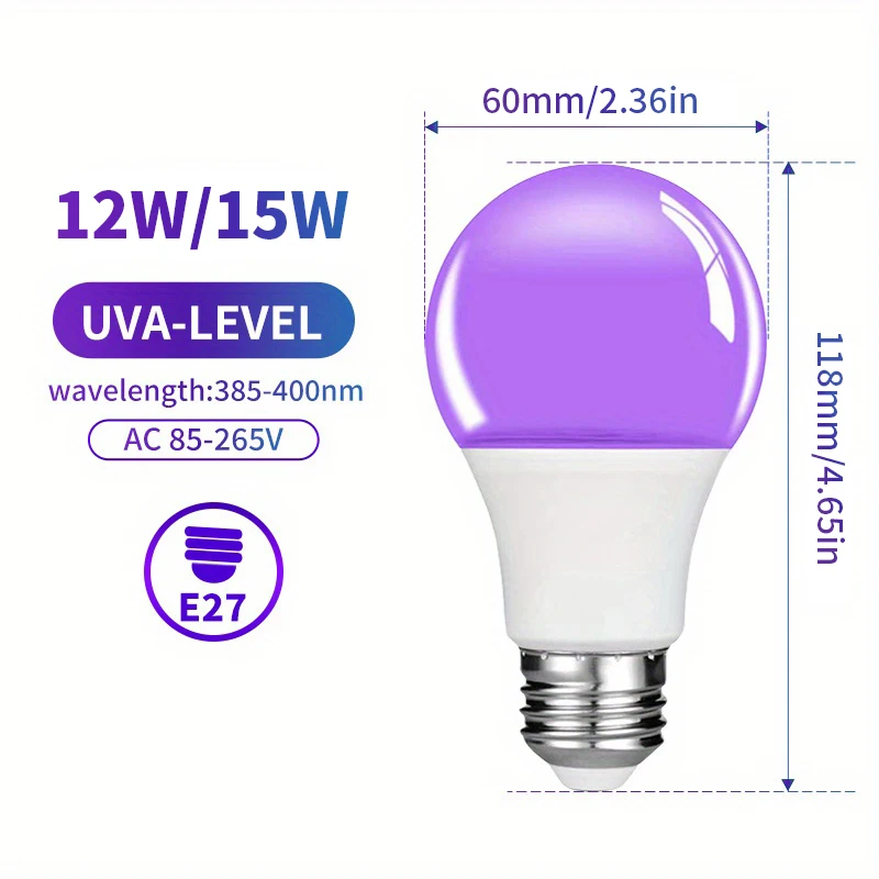 Lampadina LED viola 12W 15W AC 85-265V Viola Copertura trasparente Party Ghost House Luce decorativa per atmosfera fluorescente