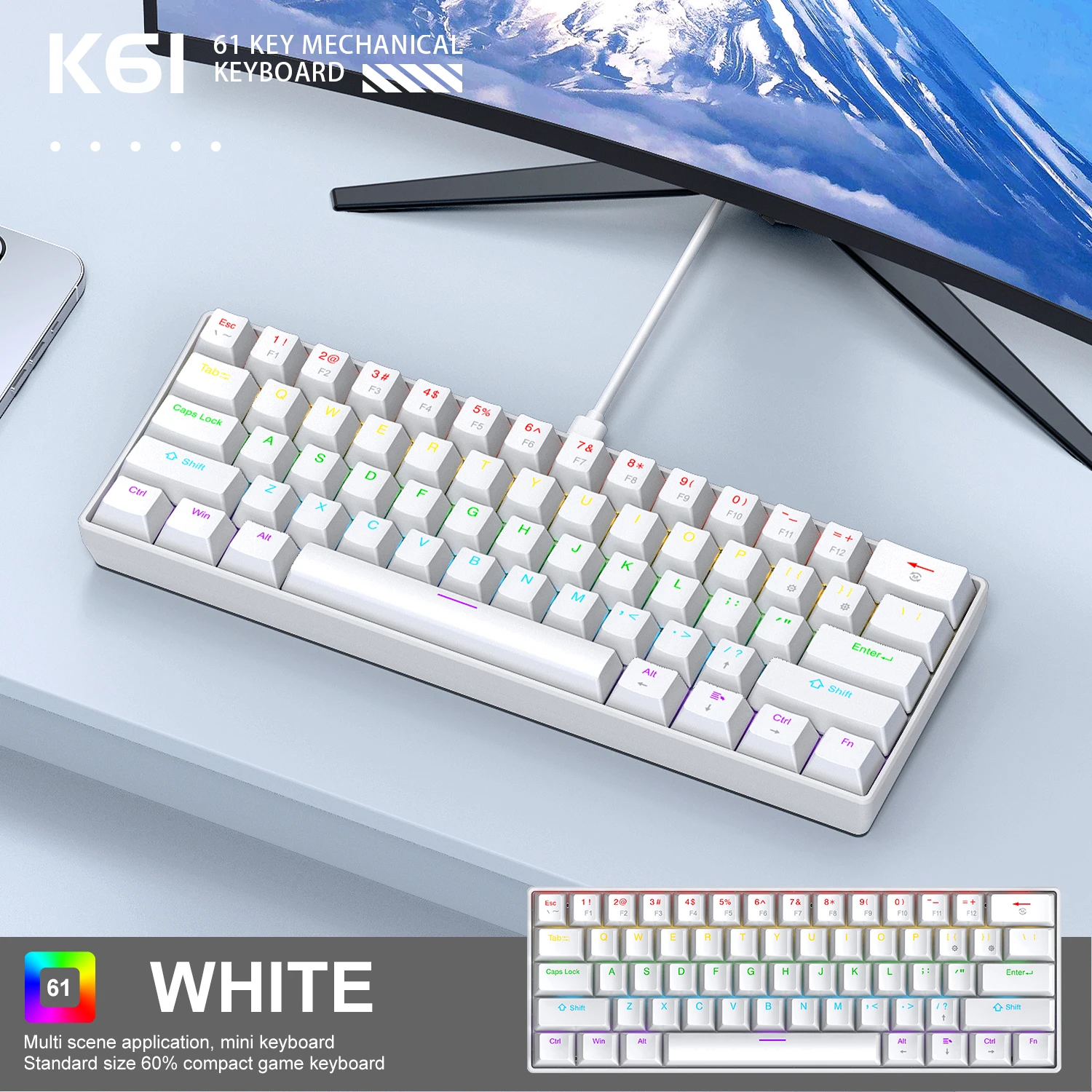 60% przenośna przewodowa mini klawiatura mechaniczna, APAYADO K61 mini klawiatura przewodowa, 61 klawiszy Phantom RGB, czarny, biały, czerwony, przełącznik czerwony/niebieski