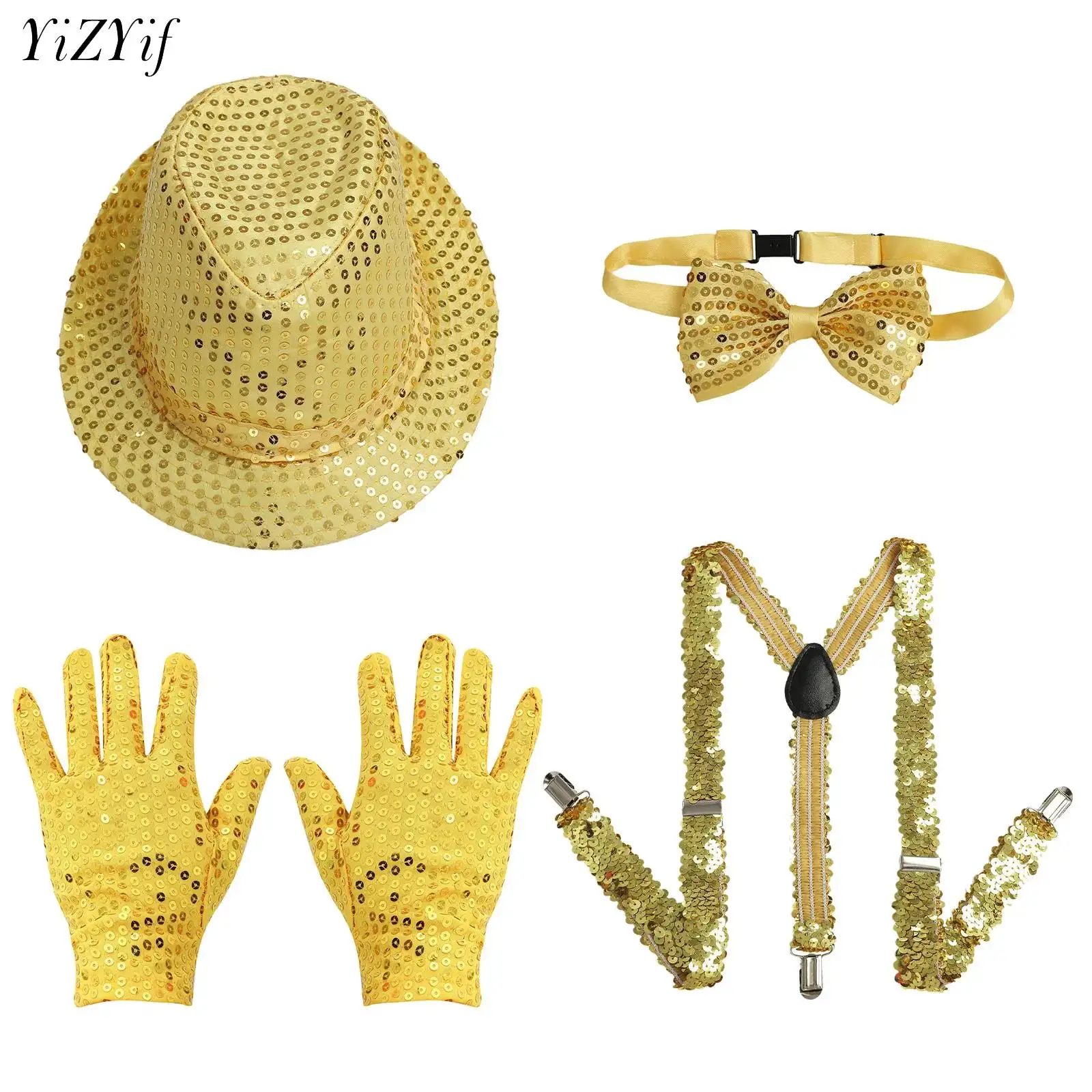 Retro Disco Sänger glänzende Pailletten Kostüm Zubehör Kinder Fedora Hut vor gebundene Fliege Krawatte Handschuhe elastische Y-Back Hosenträger Set