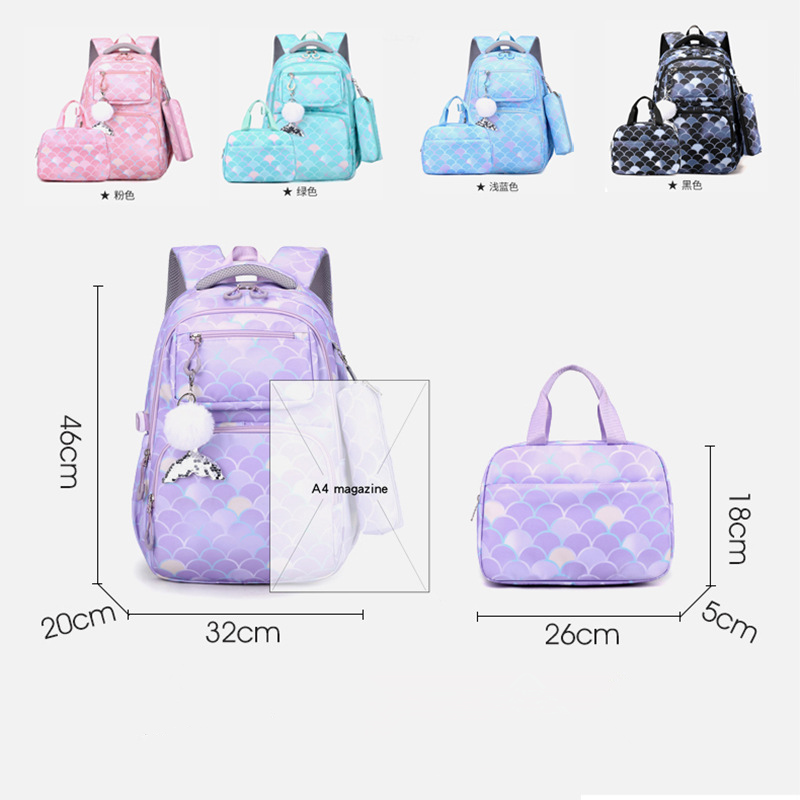 2024 NEW Multifunctional Fish Scale Printed Backpack Girls Schoolbag High Quality Nylon School Bags with Lunchbag and Pencil bag