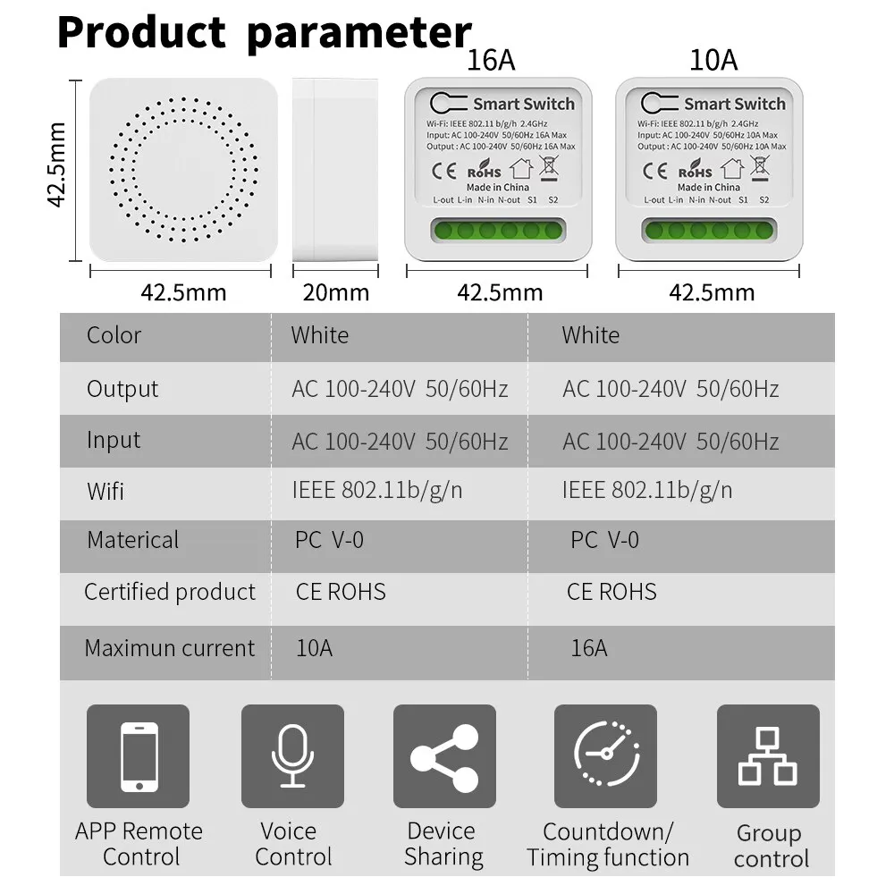 Interruptor WiFi inteligente Tuya de 16A, compatible con interruptores bidireccionales DIY, Mini interruptor inteligente, Control de vida inteligente, compatible con Alexa y Google Alice