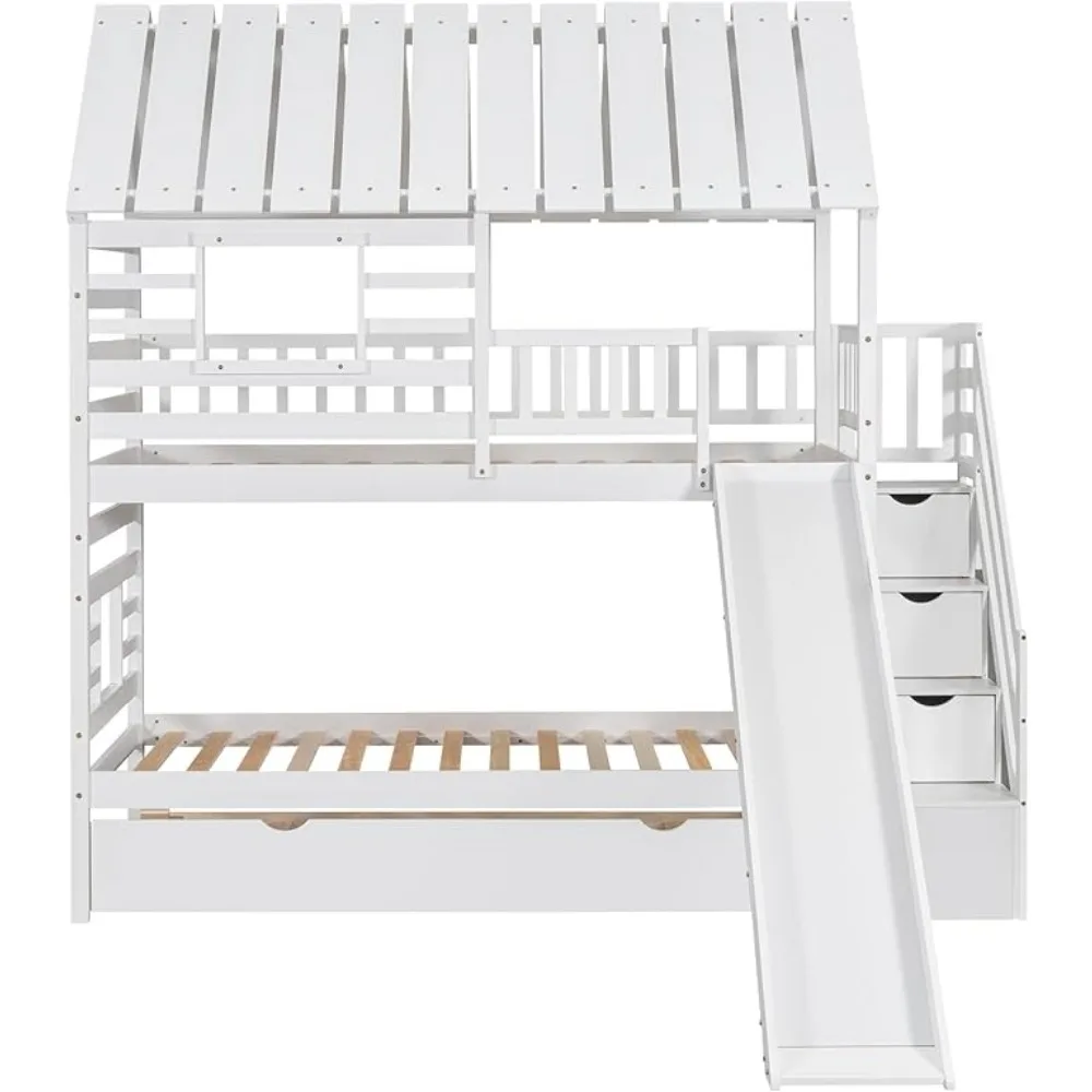 Bunk Beds Twin Over Twin with Slide,Twin Bunk Bed with Storage Stairs and Trundle,Wood Kids Bunk Bed with Roof and Window Design