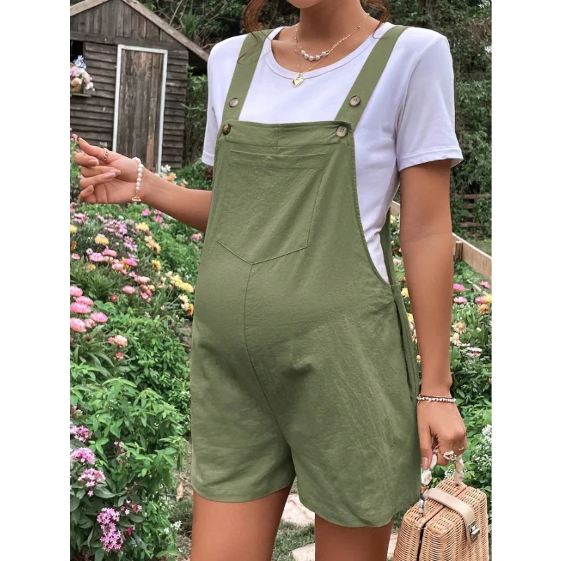 Combinaisons de maternité longueur genou grande taille mode d'été femme enceinte barboteuses couleur unie salopette de grossesse vêtements en coton