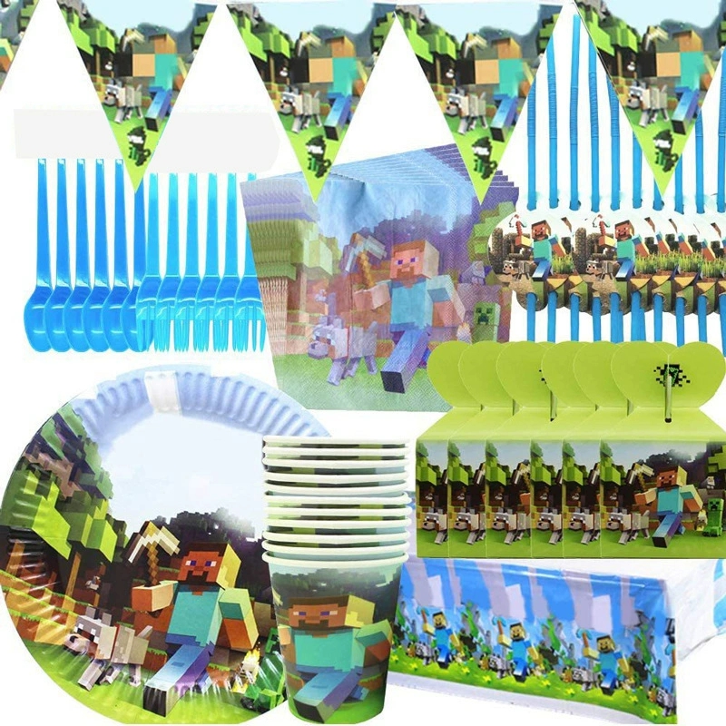 Minecrafte Steve-Juego de decoraciones para fiesta de cumpleaños, caja, servilletas, platos, mantel, tazas, cuchillos, tenedores, cucharas, suministros de vajilla para niños