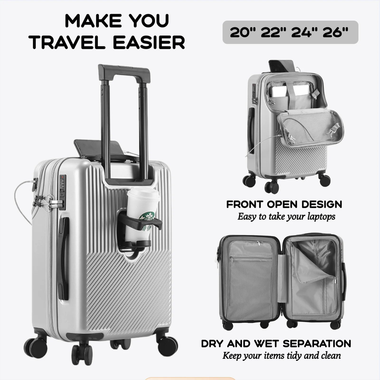 2024 neue langlebige Gepäcksets Koffer vorne offen TSA-Schloss USB Slient Spinner Wheel Charging Herren Handgepäck Reisen 20/22/24/26