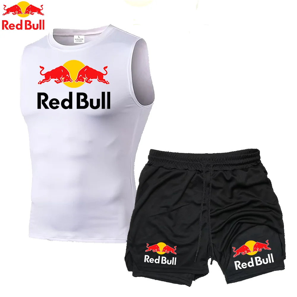 Quick Dry Running Red Bull Vests Men Double Deck 2 in 1 Shorts Sets Rashgard Fitness Sport Gym Tank Tops Set For Mens