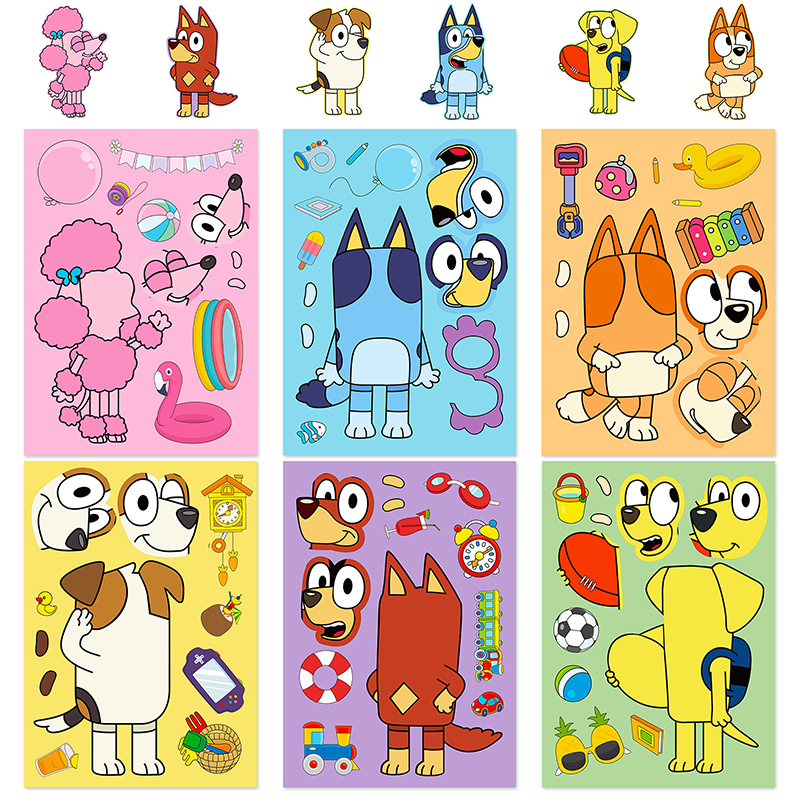 Bluey และบิงโกสุนัขการ์ตูนอะนิเมะสติกเกอร์ 6/12/18pcs Face Patchwork DIY สติกเกอร์ตกแต่งเด็กปริศนาการศึกษาของเล่น