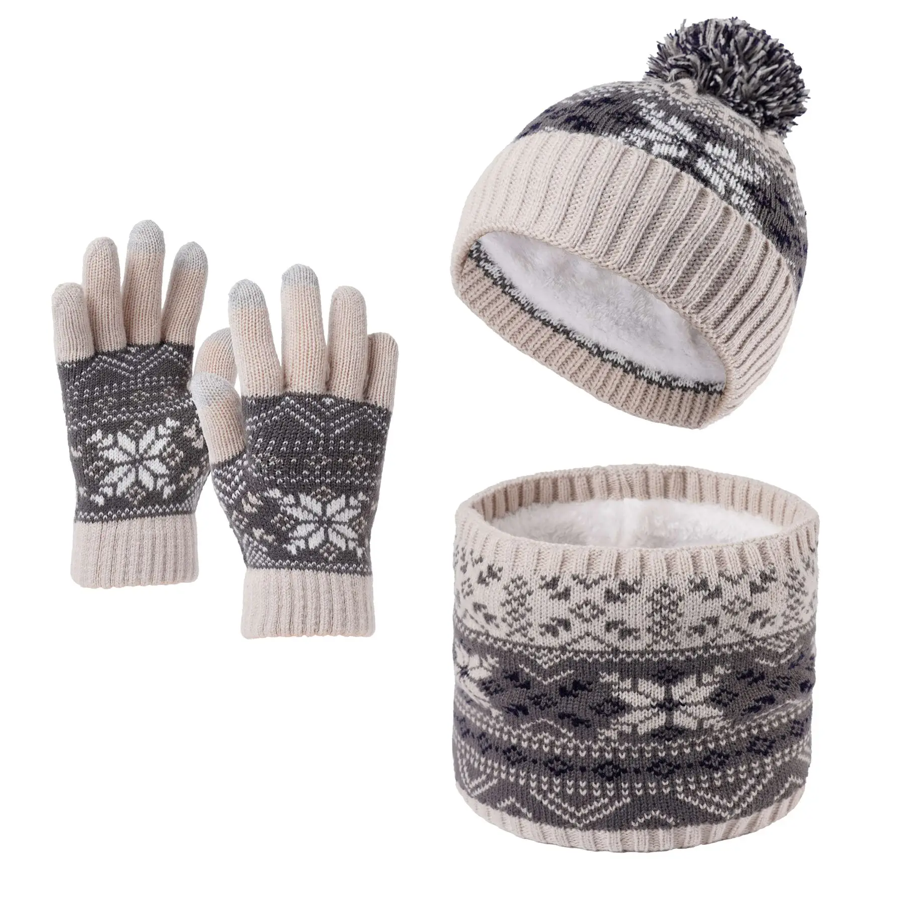 3pc3-12Y Chapéu de malha quente infantil, cachecol e luvas conjunto de três peças de floco de neve para meninos e meninas com lã