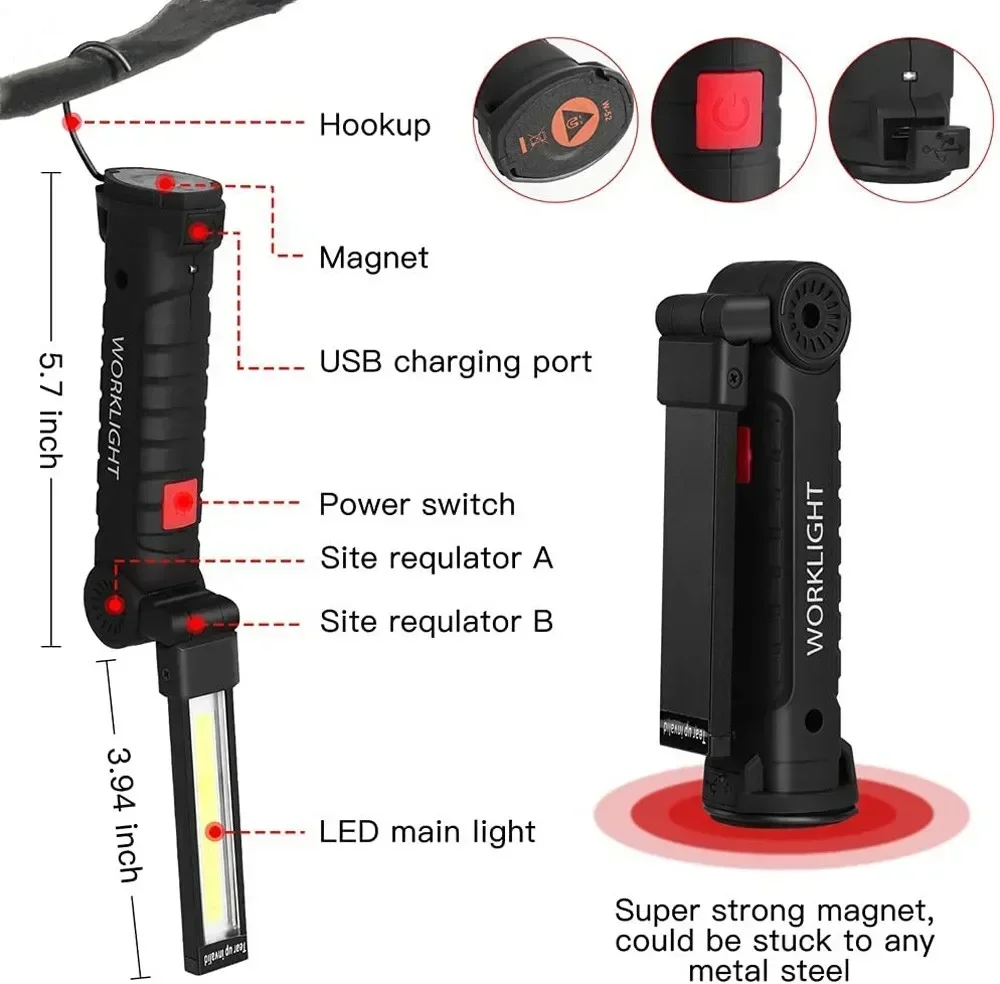 Cob LED Arbeits licht dimmbar USB wiederauf ladbare LED Taschenlampe Inspektions lampe mit Magnet haken Power Bank 18650 Batterie Taschenlampe