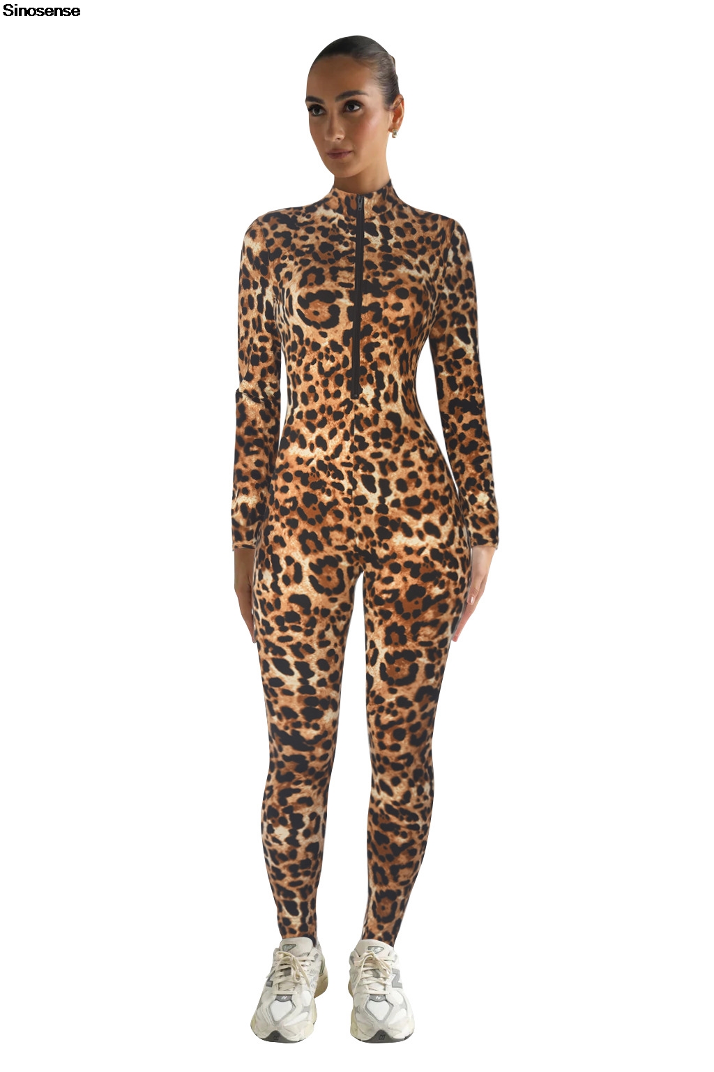 ผู้หญิงเสือดาวพิมพ์ One Piece ออกกําลังกาย Jumpsuits คอยาวแขนยาว Zip Up Zip Up Romper SEXY Night Out Club PARTY ชุด