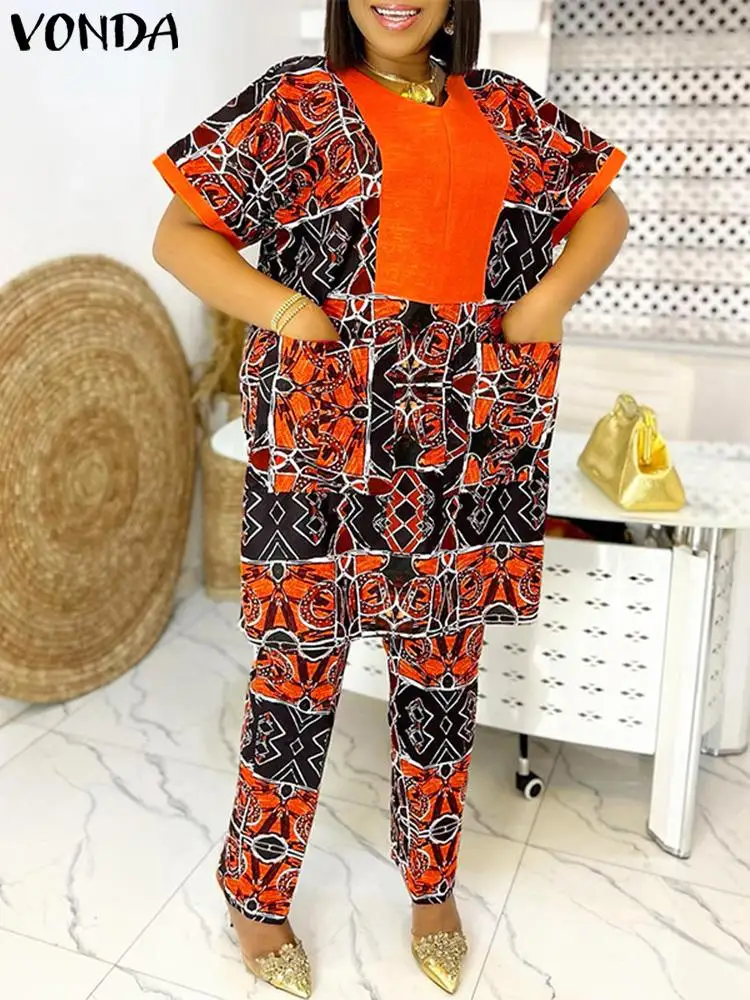 VONDA-Fatos femininos estampados com decote em v manga curta, calças plus size, bolso sexy, conjuntos combinando, roupas soltas, verão, 2022
